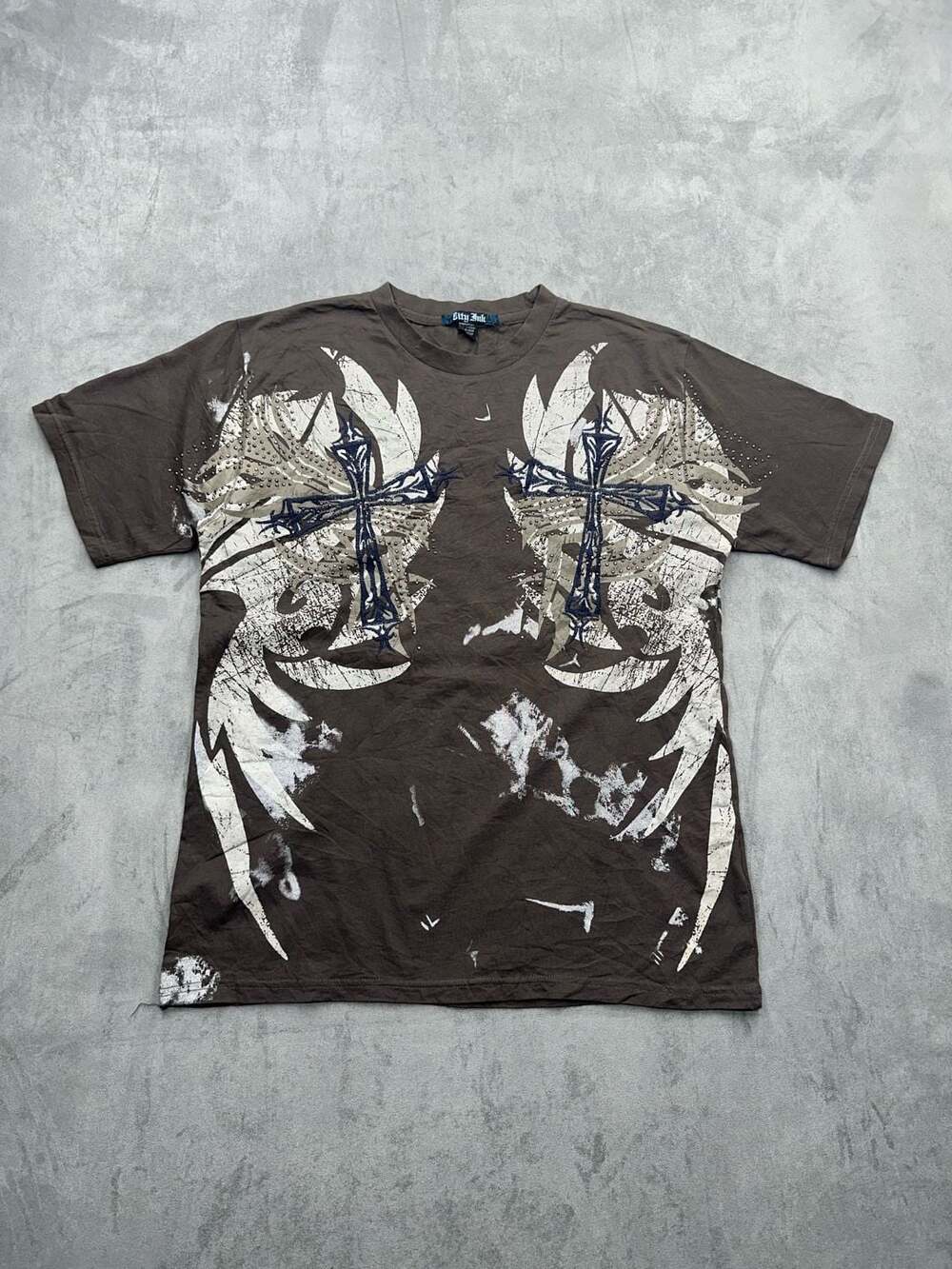 City Ink Y2K Grunge Gothic Cross Wings Graphic T-Shirt XL Brown